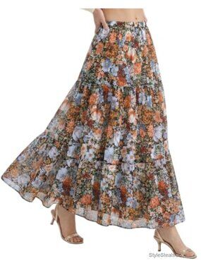 Chiffon Pleated High Waisted A-Line Maxi Skirt Flowy Long Skirt with Lining